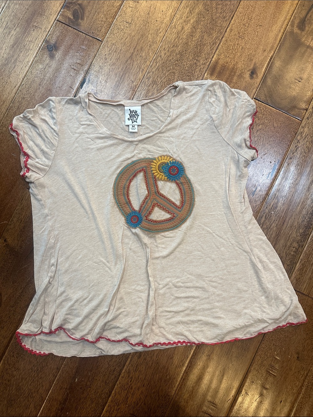 ivy jane cream short-sleeve tee with colorful peace embroidery; lounge shirt